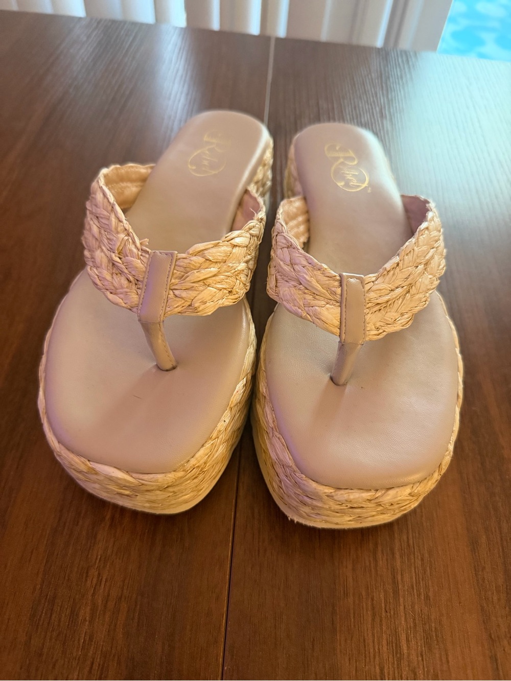 Womens Braided Platform Thong Sandals in Beige